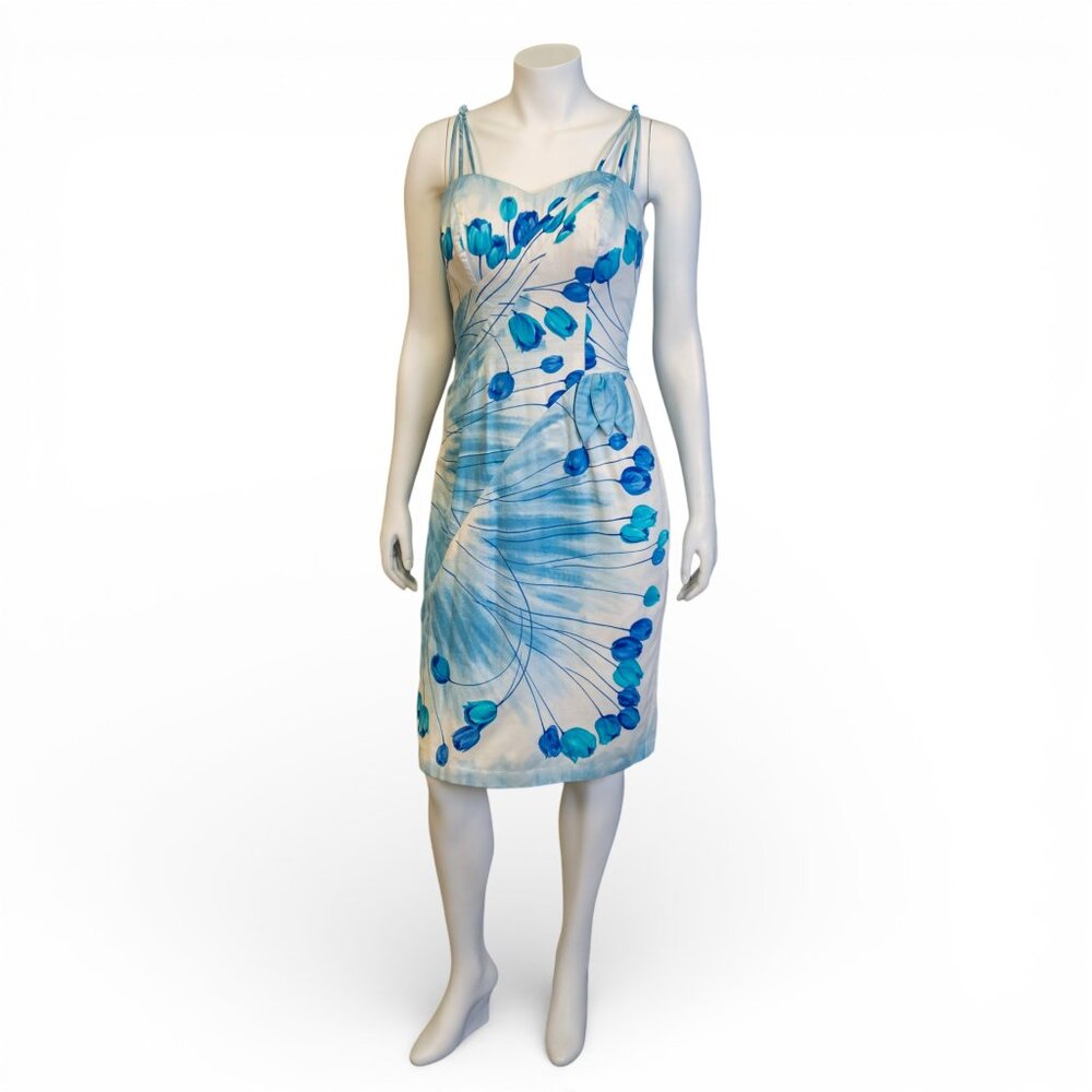 Vintage 1950s Alix of Miami Blue Floral Spaghetti Strap Wiggle Dress * Medium